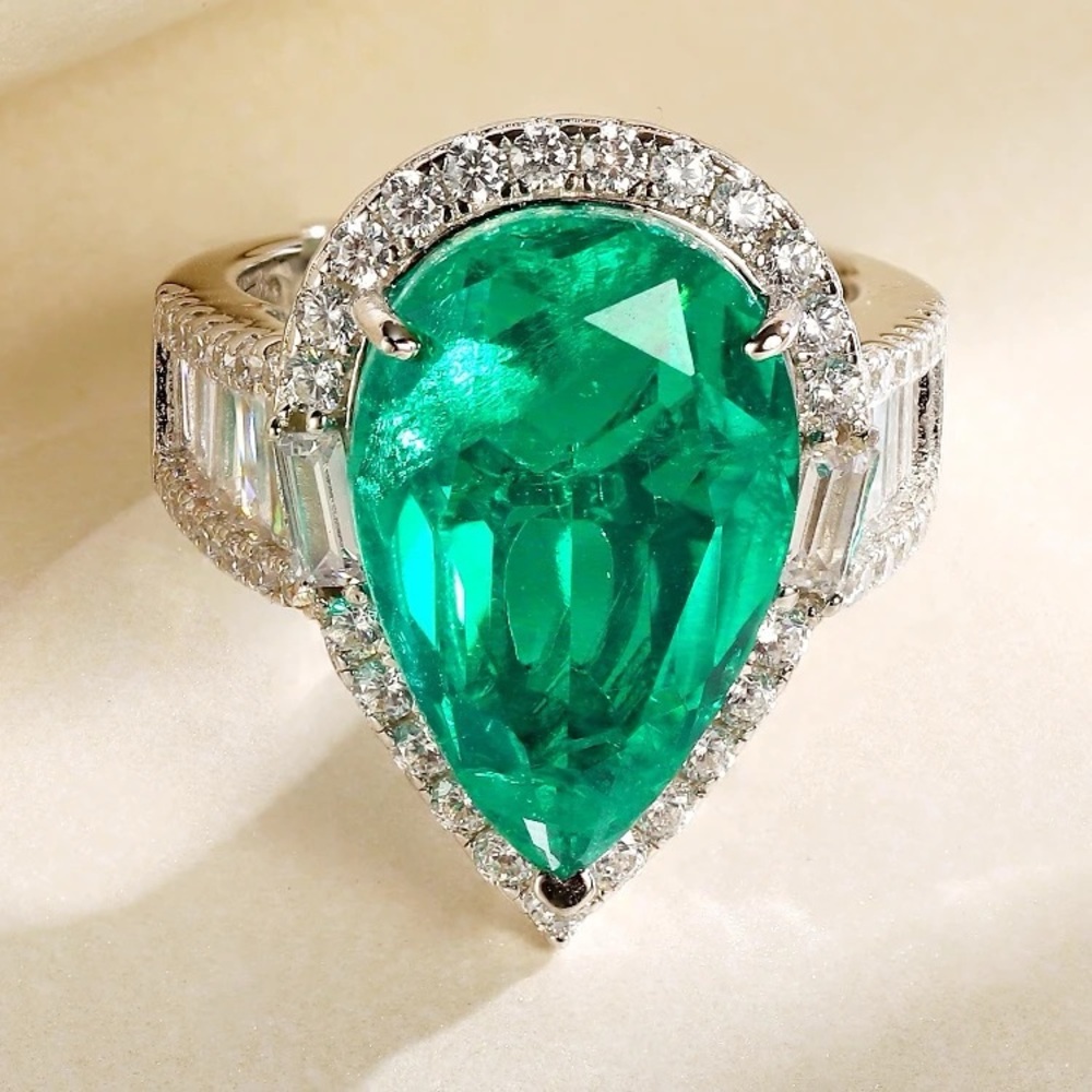 🔥Fine Water Drop Stone Ring 925 Sterling Silver Big Emerald Green Rings Size 7